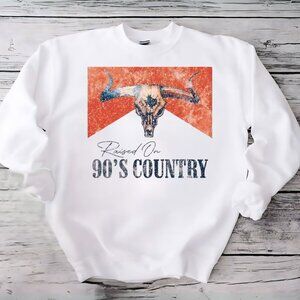 Raised On 90s Country Western Bull Skull White Crewneck Sweatshirt